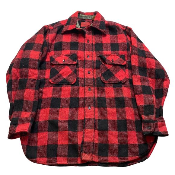 Vintage 70s Sears Kings Road Red Buffalo Plaid Wool Blend Flannel Shacket Large - Picture 1 of 5